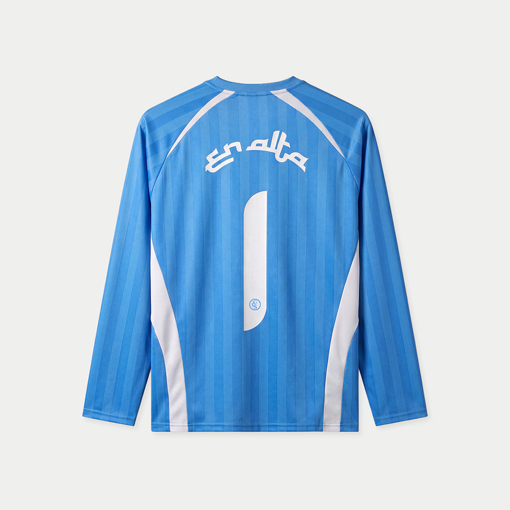 Longsleeve-Trikot „En Alta“ von Caracas Merch in Hellblau, Rückansicht, flach liegend, mit Nummer 1 und geschwungenem „En Alta“-Schriftzug